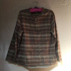 WVN Woven for you Womens Henley Long Sleeve Plaid Shirt XL Brown Organic Cotton